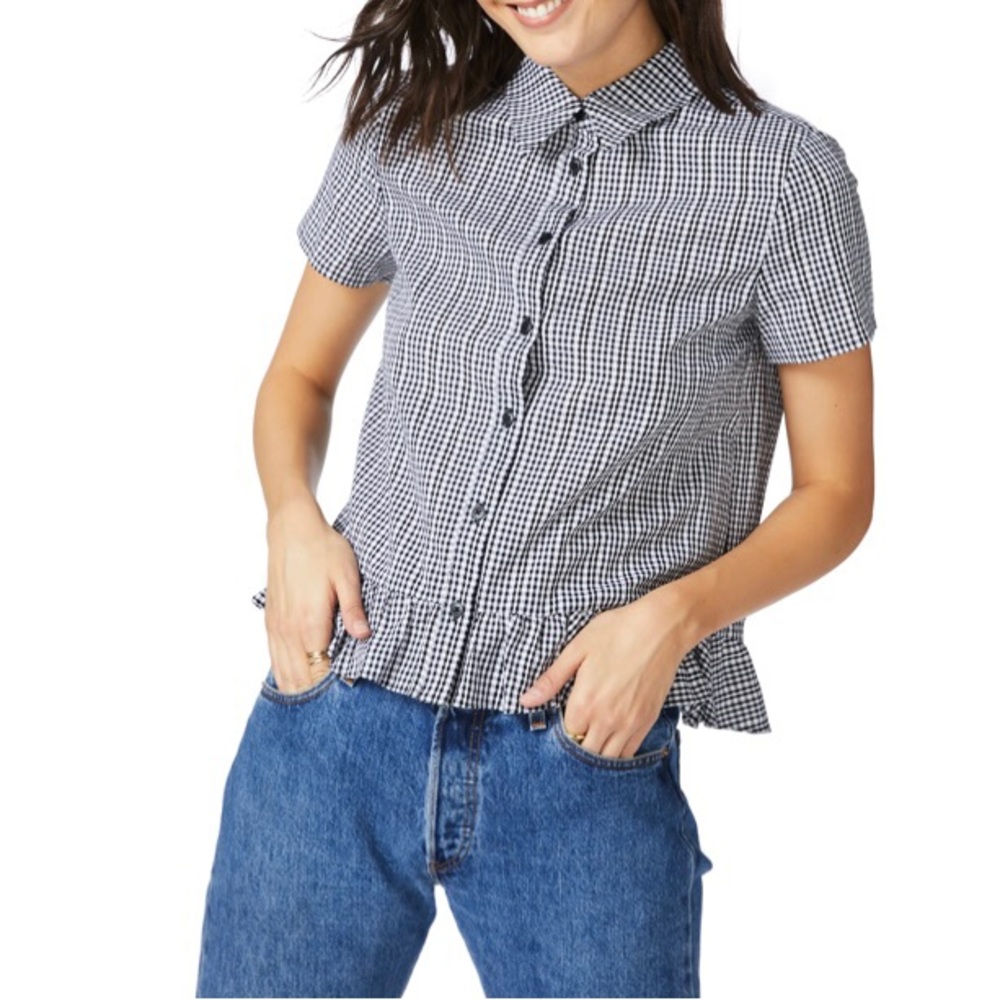 Court & Rowe black & white gingham button up shirt with ruffle bottom